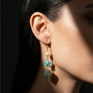 0171 Gold and Blue Starfish Earrings